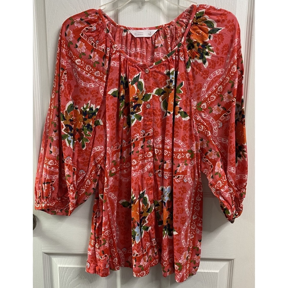 Lauren Conrad Womens Floral Top Blouse Scoop Neck 3/4 Sleeve Tunic Red/Green L